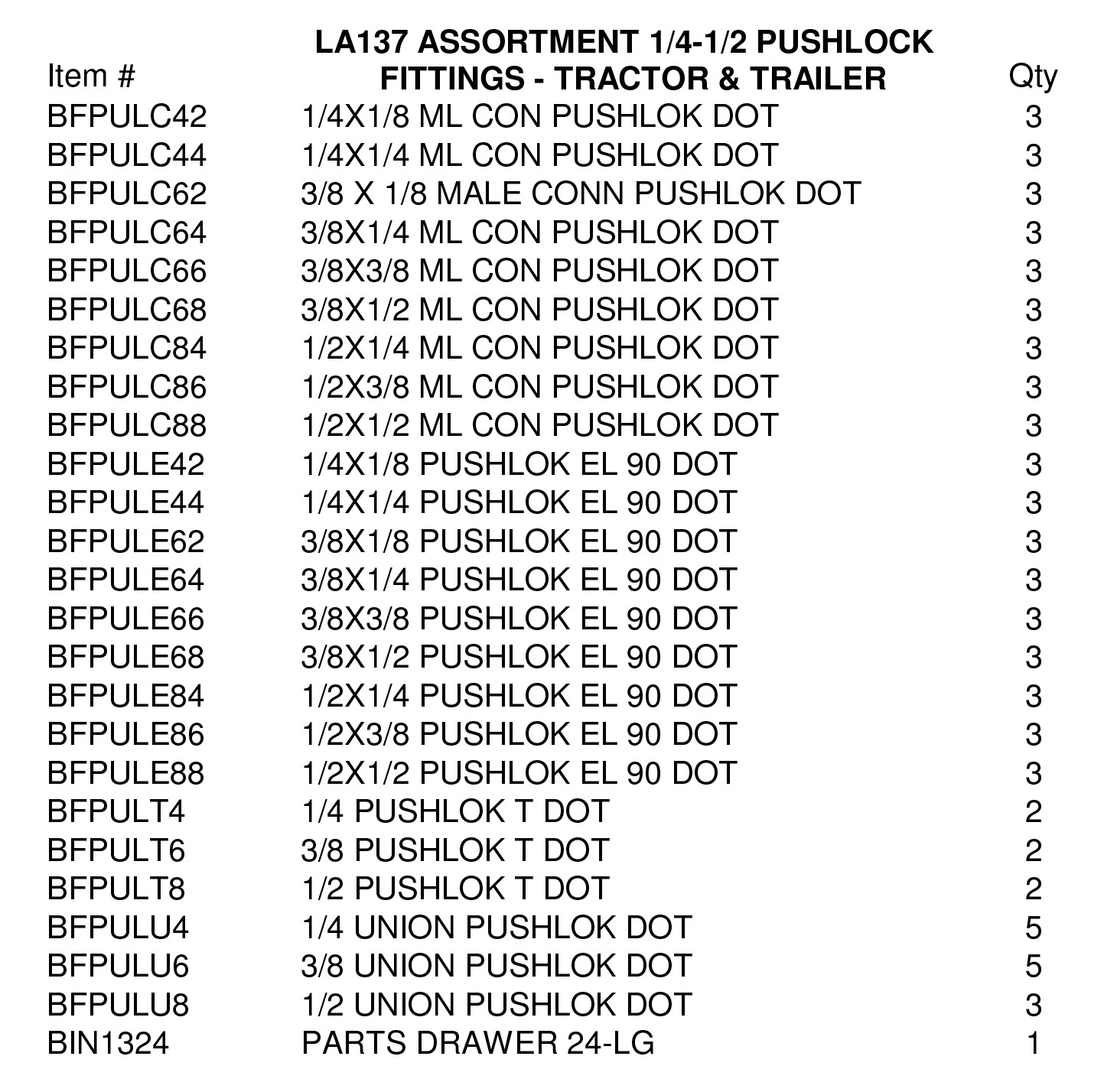 LA137 ASSORTMENTS-ALKON PUSHLOCK FITTINGS FOR TRAILER
